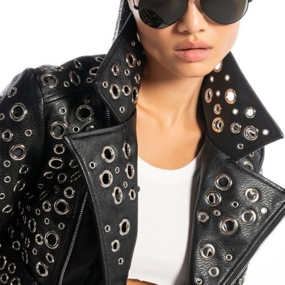 Miz 360: Circle of Life Cropped Grommet Vegan Leather Moto Jacket Large - Picture 5 of 13
